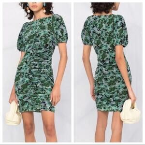 GANNI puffy ruched sleeve floral green mesh stretchy mini dress size 40 us 8/10